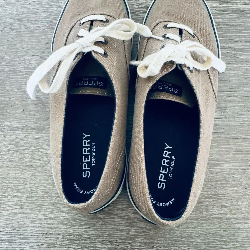 Sperry Women’s Tan Canvas Lace Up Sneakers Shoes 9
